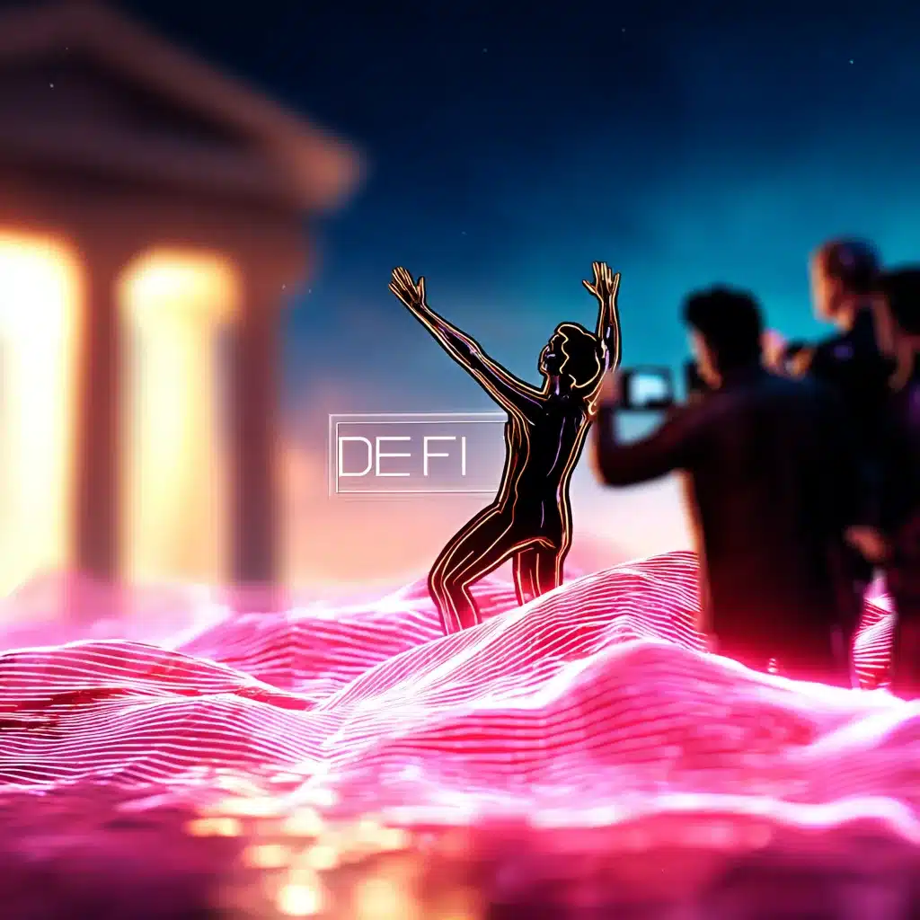 DeFi-Illustration: Grafik mit Kryptowährungen, Smart Contracts und Blockchain-Elementen, die digitale Finanzinnovationen symbolisieren.