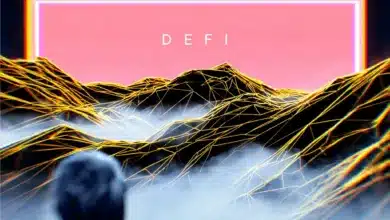 Kryptowährung und DeFi: Grafik mit Bitcoin, Blockchain-Symbolen und digitalen Finanzdiagrammen im Hintergrund.