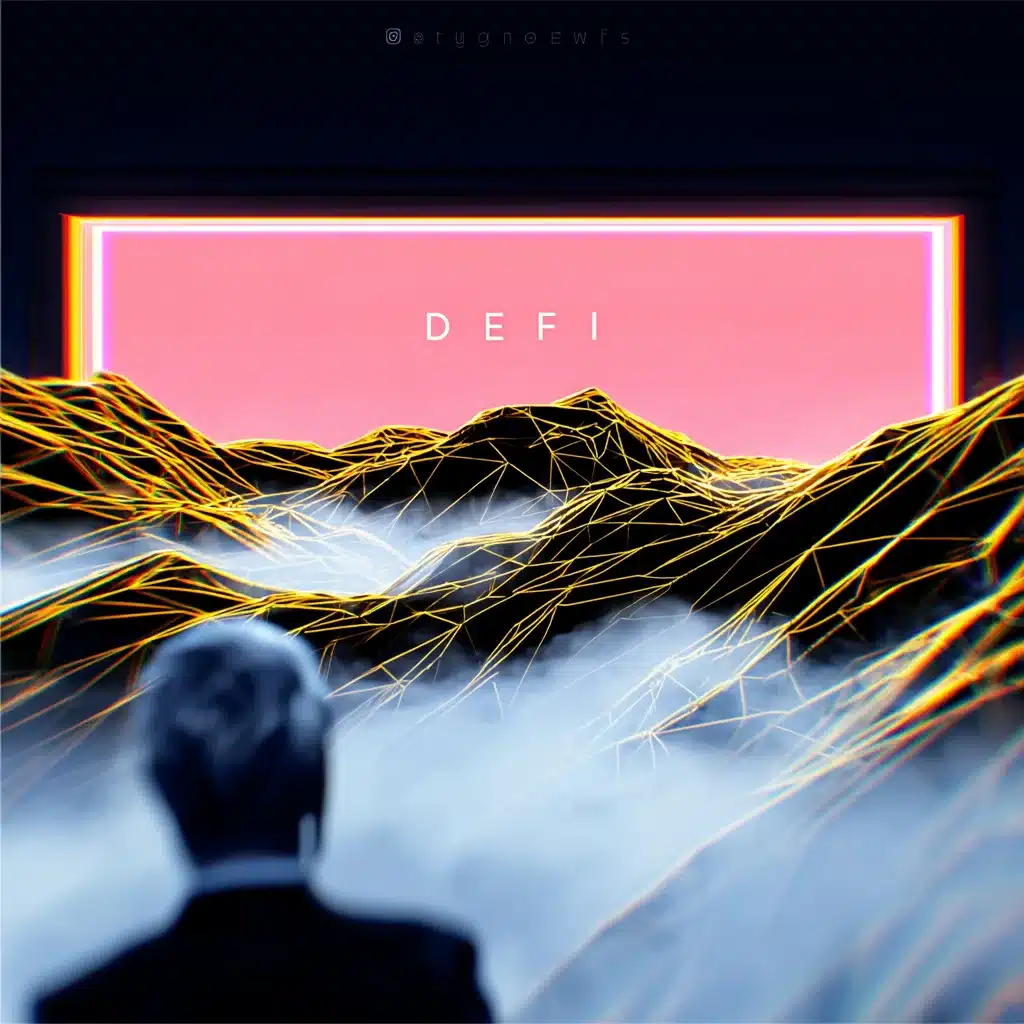 Kryptowährung und DeFi: Grafik mit Bitcoin, Blockchain-Symbolen und digitalen Finanzdiagrammen im Hintergrund.