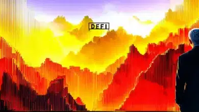 DeFi-Krypto-Grafik mit digitalen Münzen, Blockchain-Symbolen und Diagrammen zur Kursentwicklung.