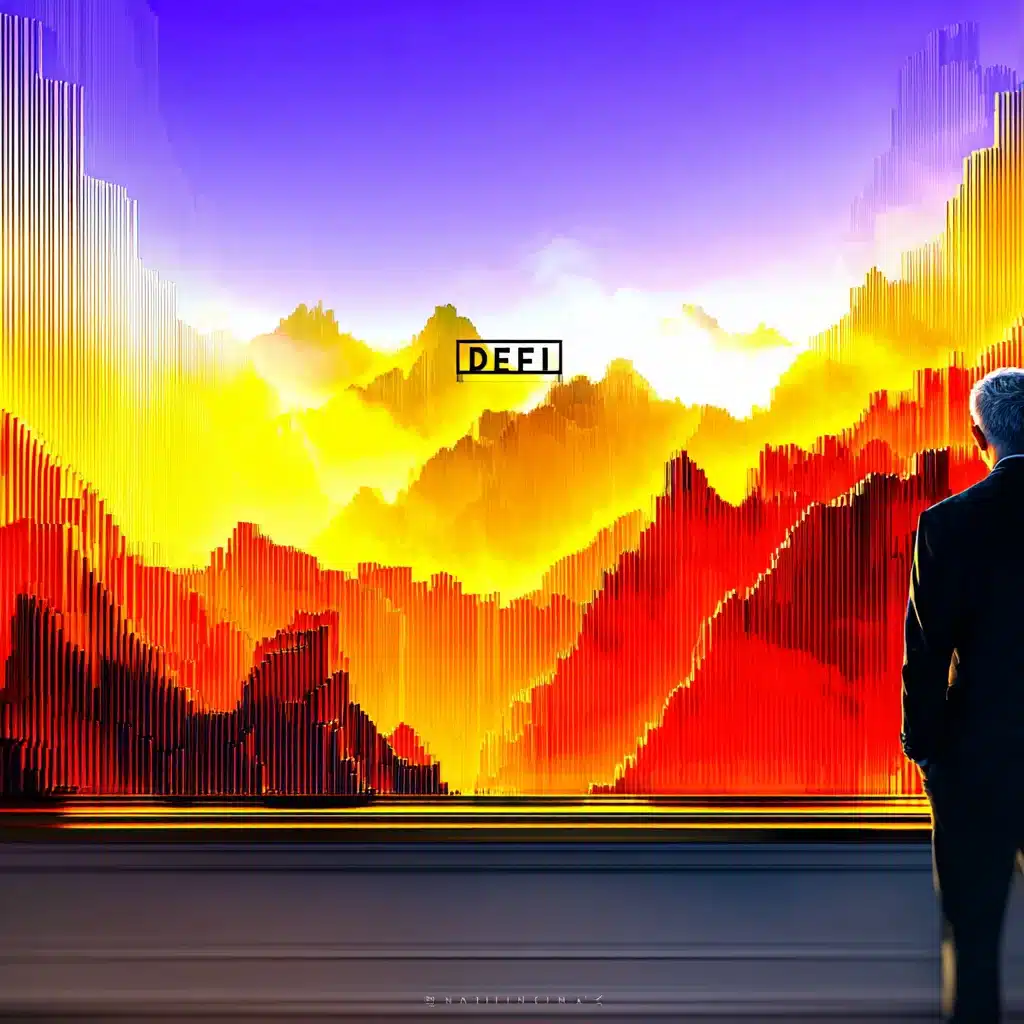 DeFi-Krypto-Grafik mit digitalen Münzen, Blockchain-Symbolen und Diagrammen zur Kursentwicklung.